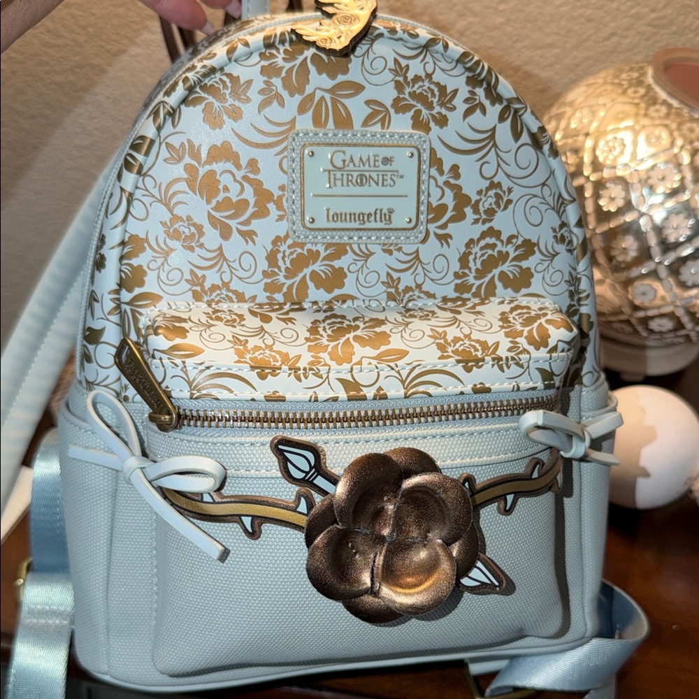 Loungefly Pale Blue and Gold Floral Mini Backpack